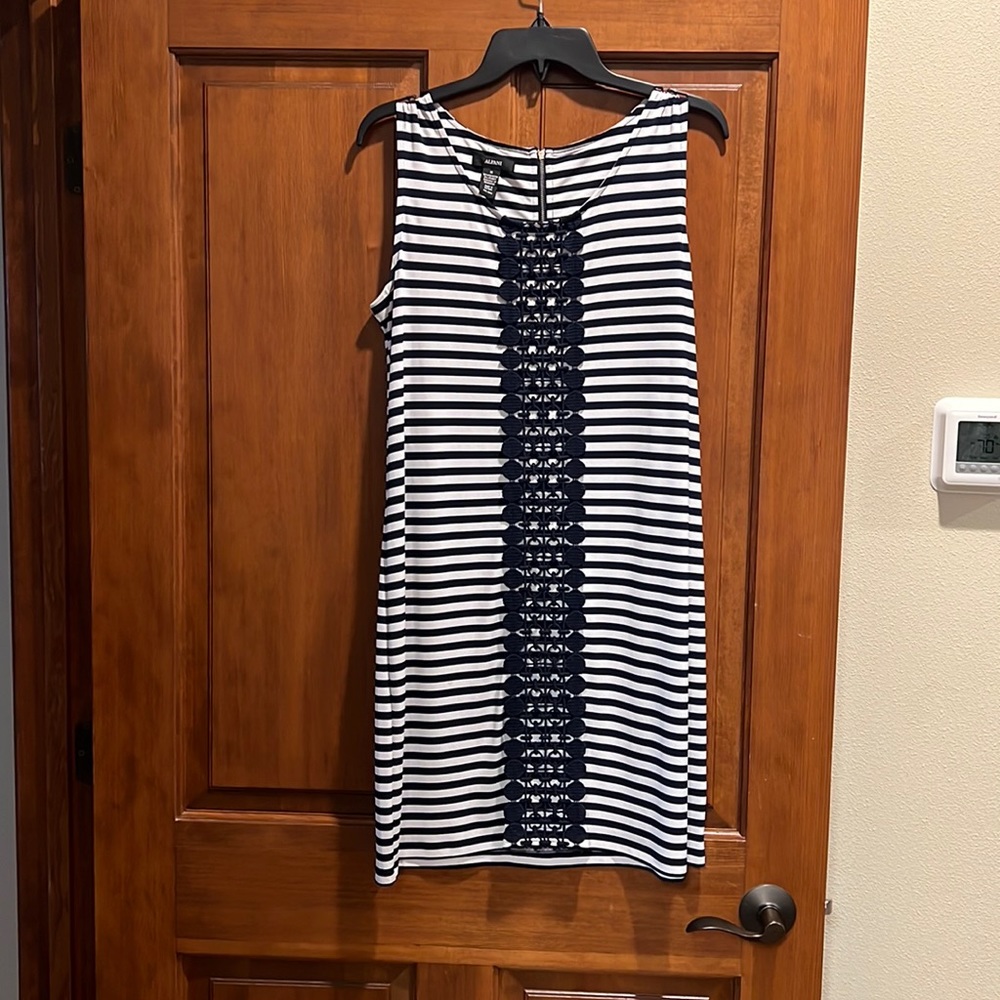 Navy and white striped dress.